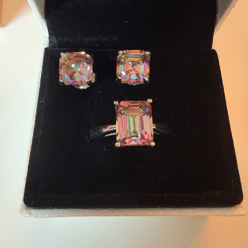 Pink Topaz and Sterling Silver Square Ring and Stud Earrings Set